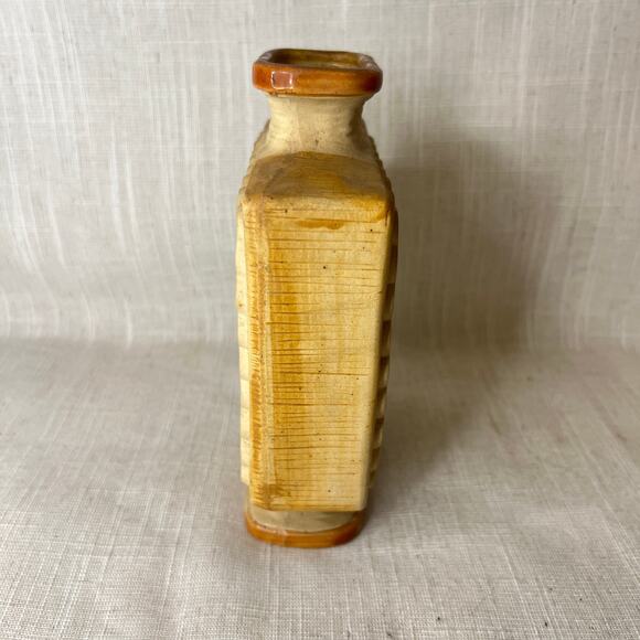 Vintage 70s Square Boho Owl Vase Green Cream Tan Glaze 7 Inches Tall Bohemian - Picture 5 of 9